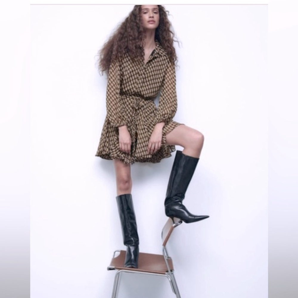 Zara Brown Geometric Pattern Print Ruffled Long Sleeve bloggers favourite Dress
